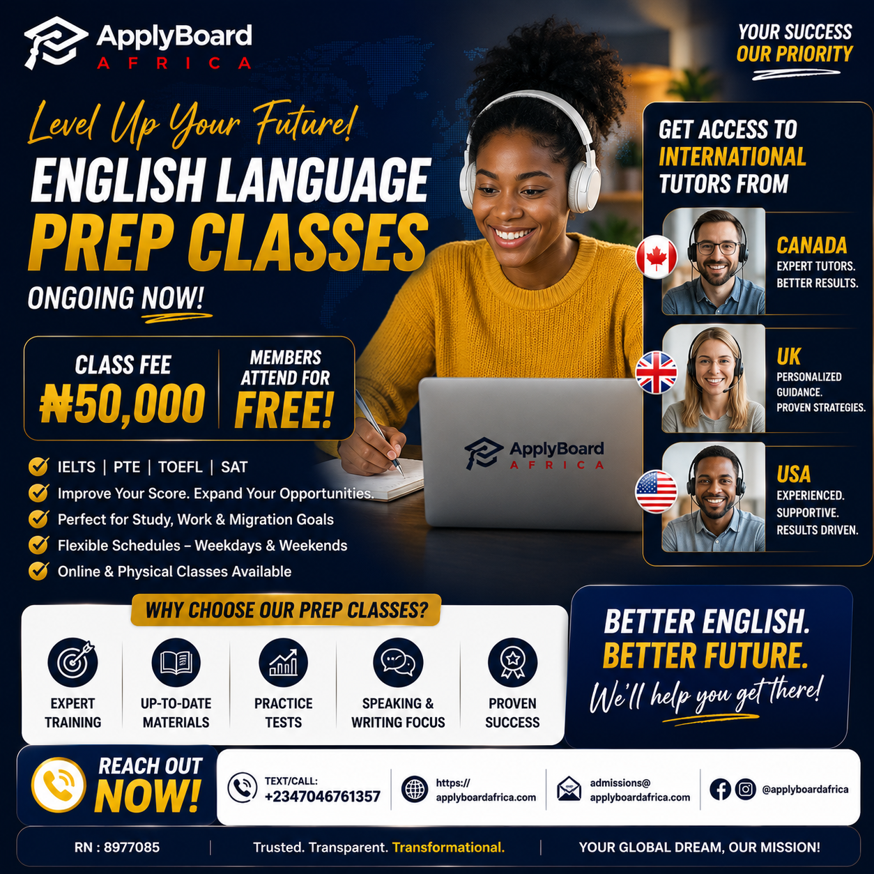 English Language Preparation Classes for IELTS, PTE, TOEFL and SAT in Nigeria